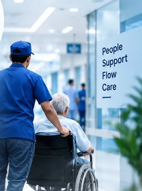 Hospital attender assisting a patient in a wheelchair down a bright hospital corridor