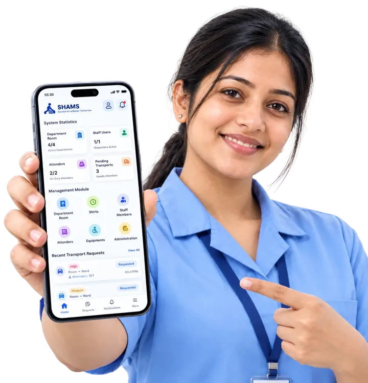 Smiling nurse holding up a phone with the SHAMS app