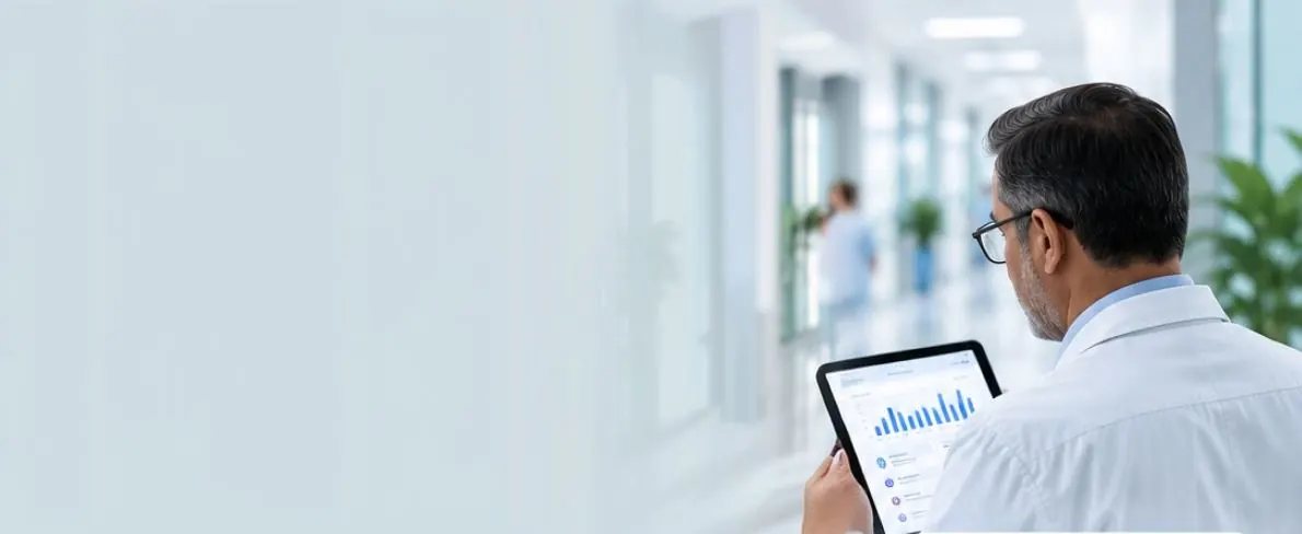 Hospital manager reviewing an operations dashboard on a tablet