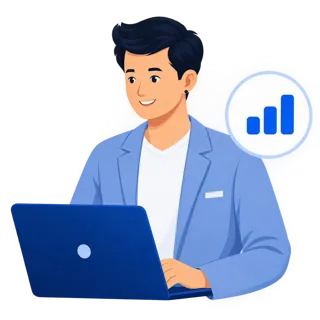 Illustration of a hospital manager reviewing operations on a laptop